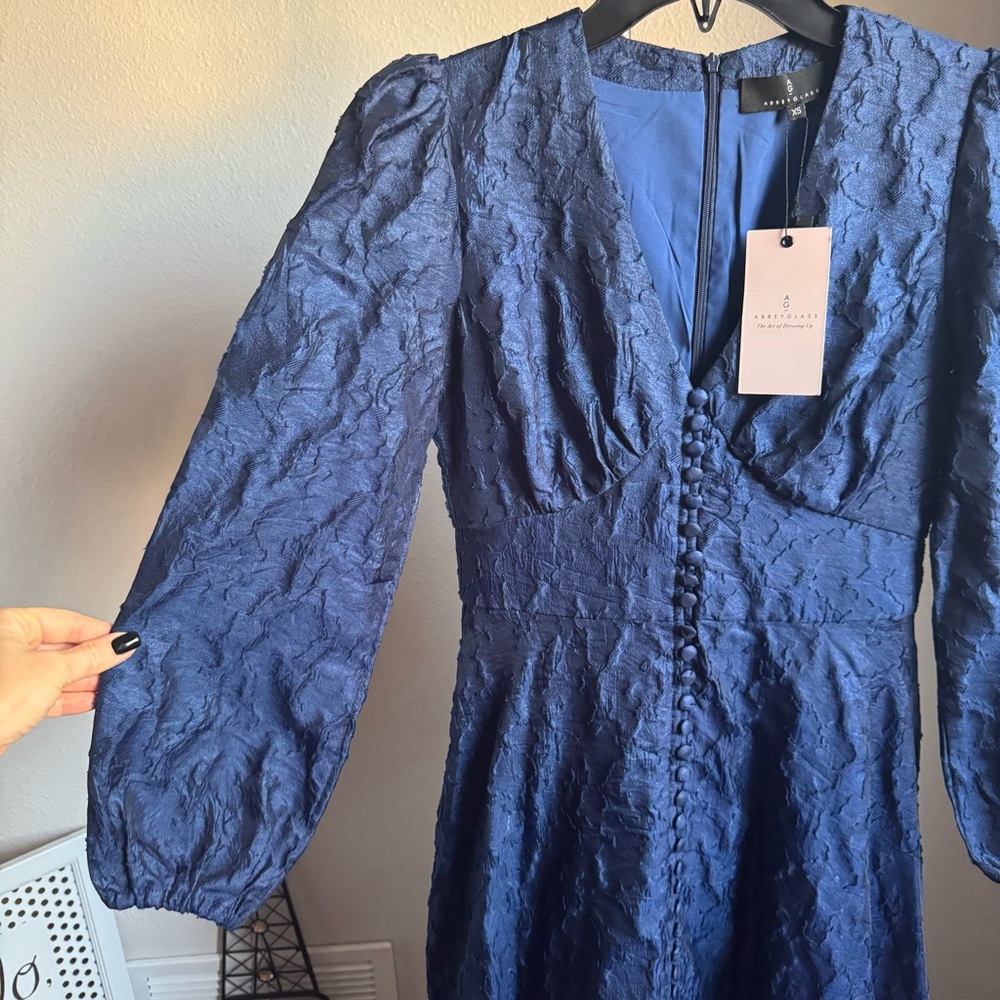 NWT Abbey Glass Brooke Organza V-Neck Button Front A-Line Maxi Dress Navy Sz XS - Picture 10 of 12